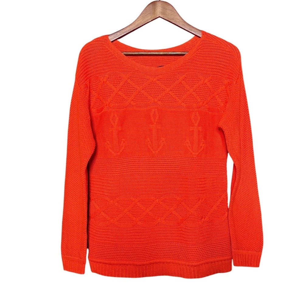 Talbots Petites Women Medium Orange Cotton Anchor Cable Knit Sweater Nautical